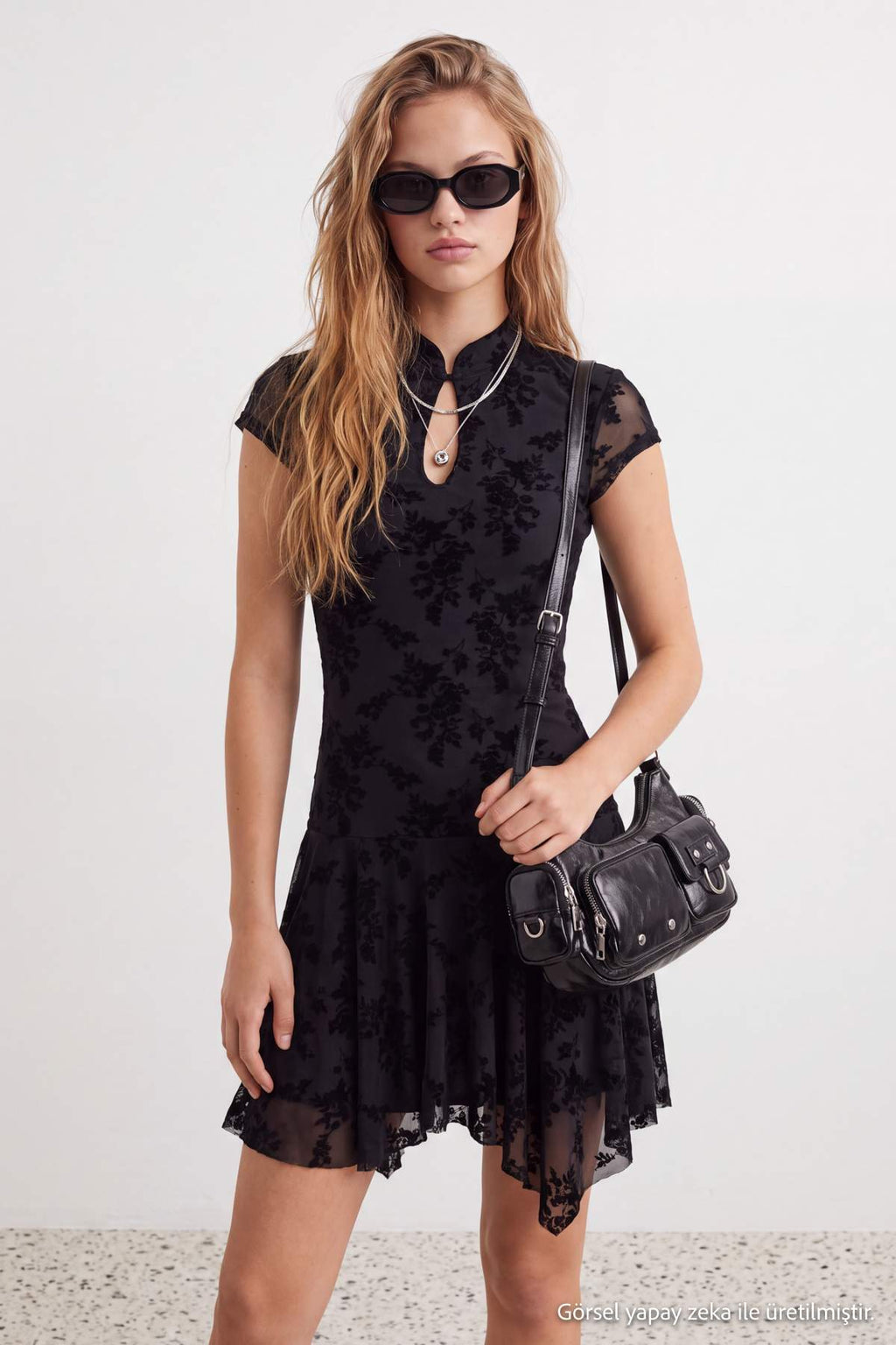 Keyhole Neck Short Sleeve Skater Mini Dress