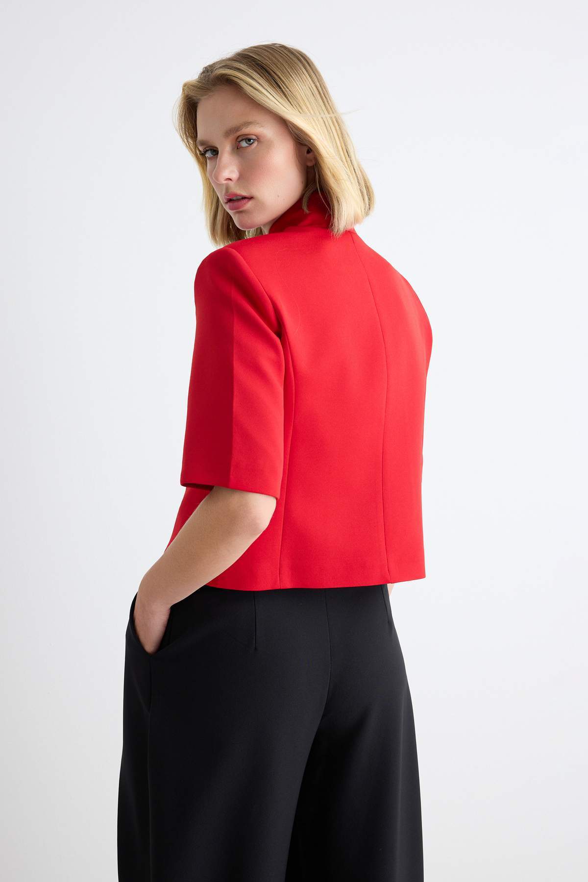 High Neck Short Sleeve Fitted Blazer Jacket
