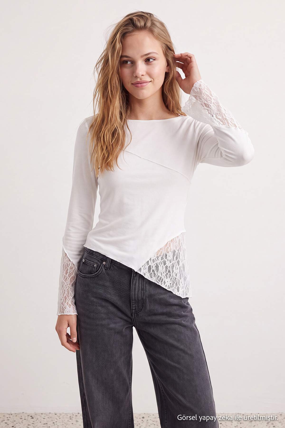 Boat Neck Spanish Sleeve Lace Detail Fitted Blouse