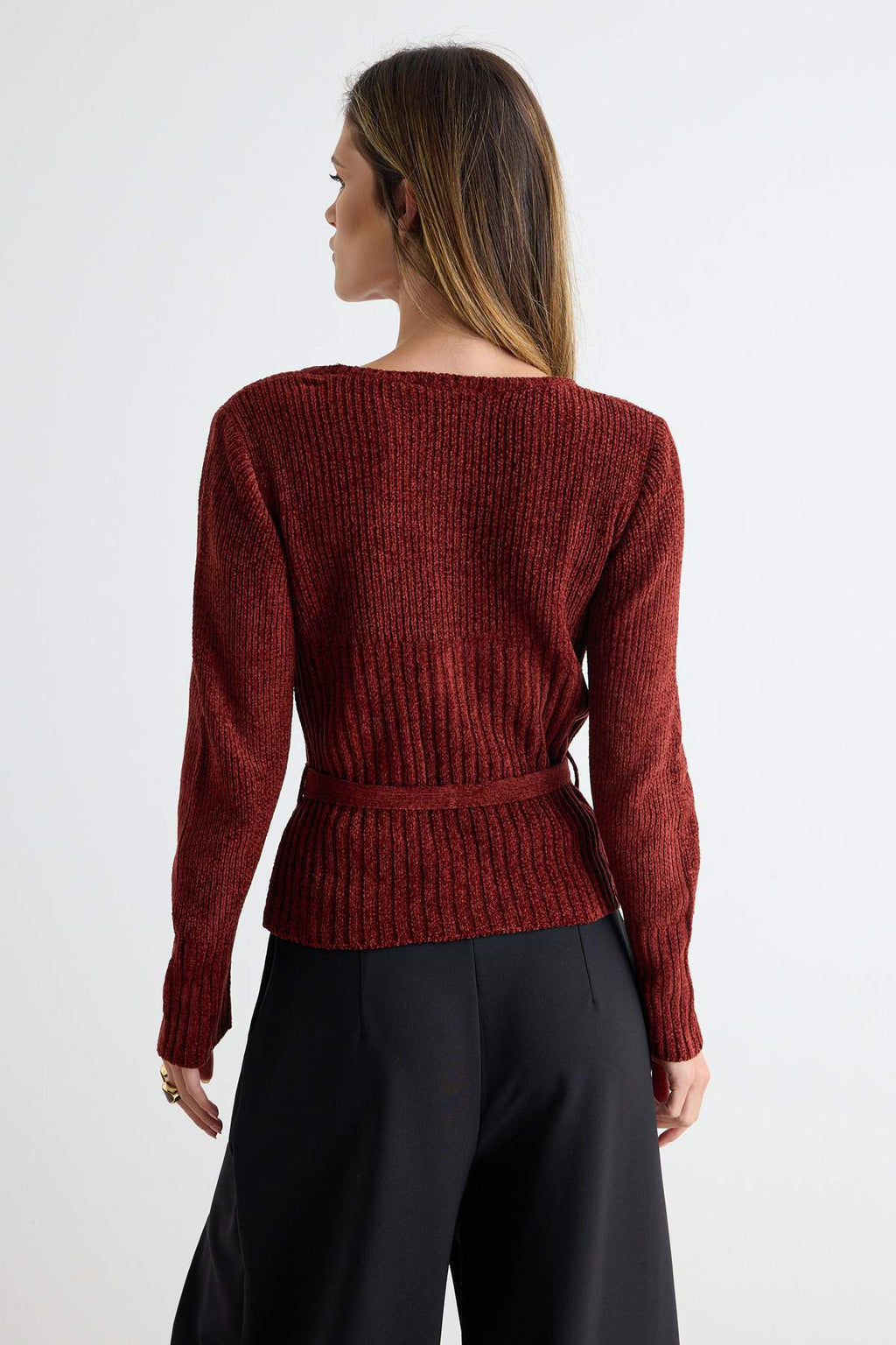 Chenille Long Sleeve Belted Knitted Sweater