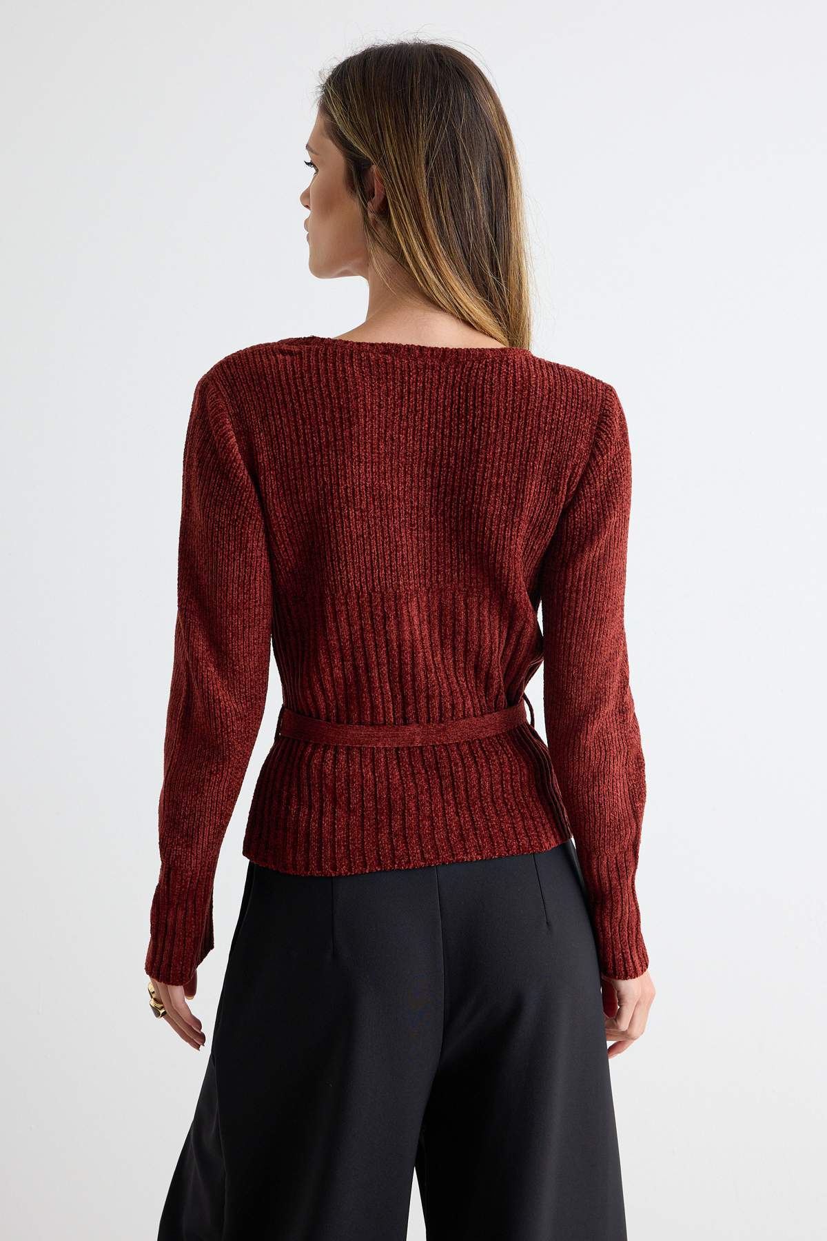 Chenille Long Sleeve Belted Knitted Sweater