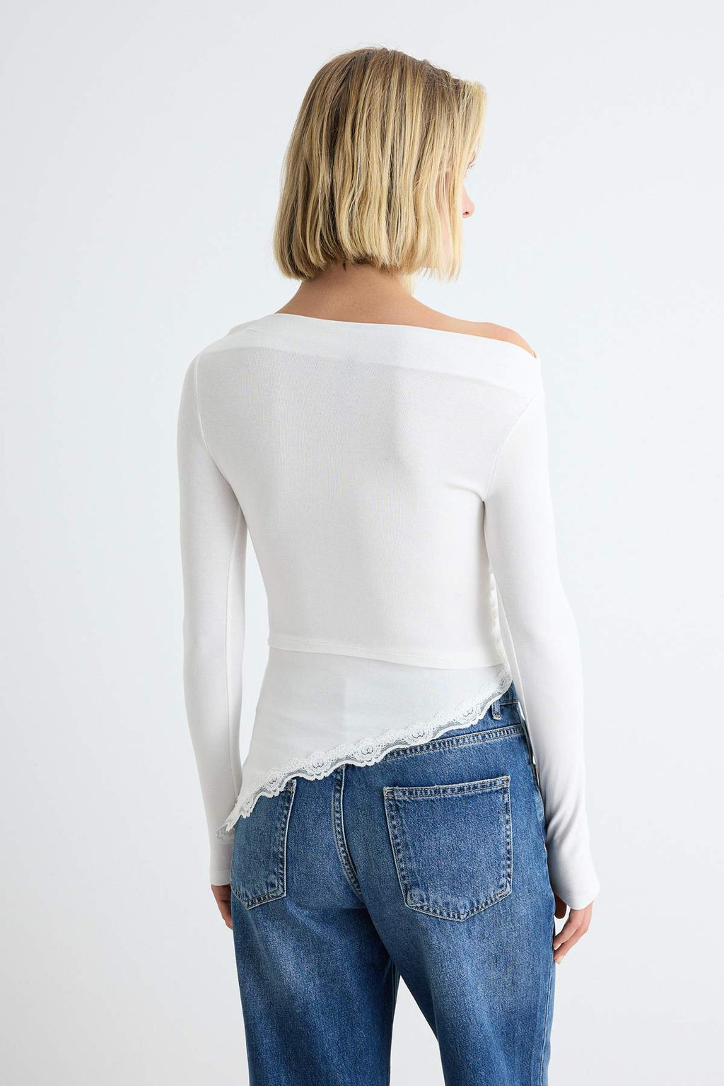 Fitted Boat Neck Long Sleeve Lace Detail Ribbed Blouse