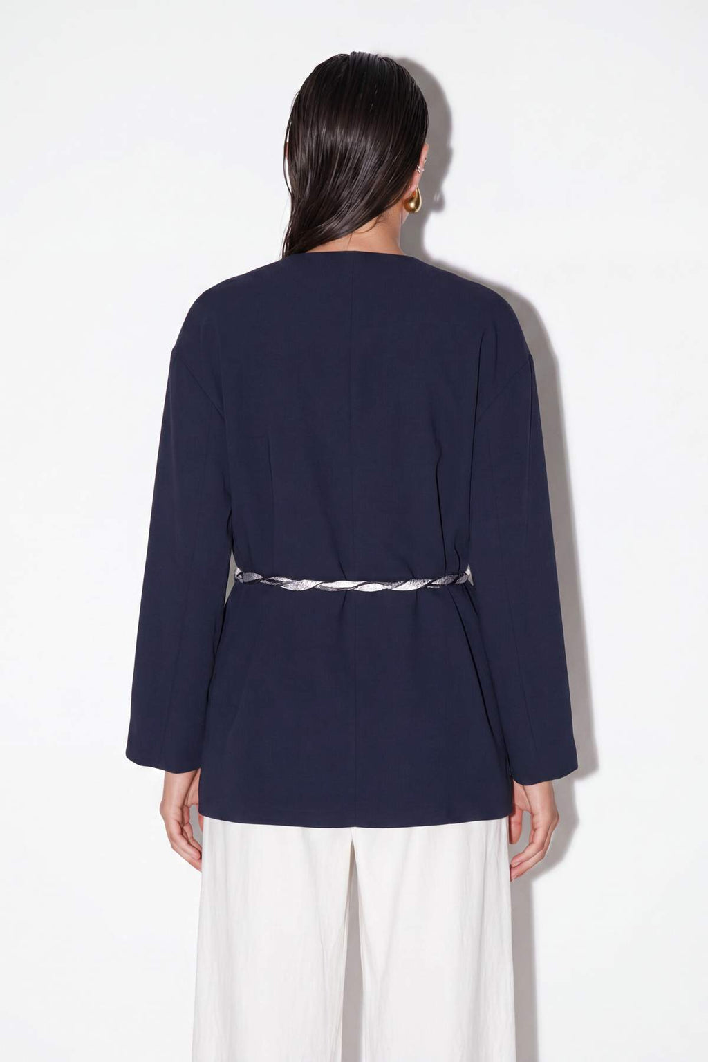 Collarless Belted Relaxed Fit Long Sleeve Jacket