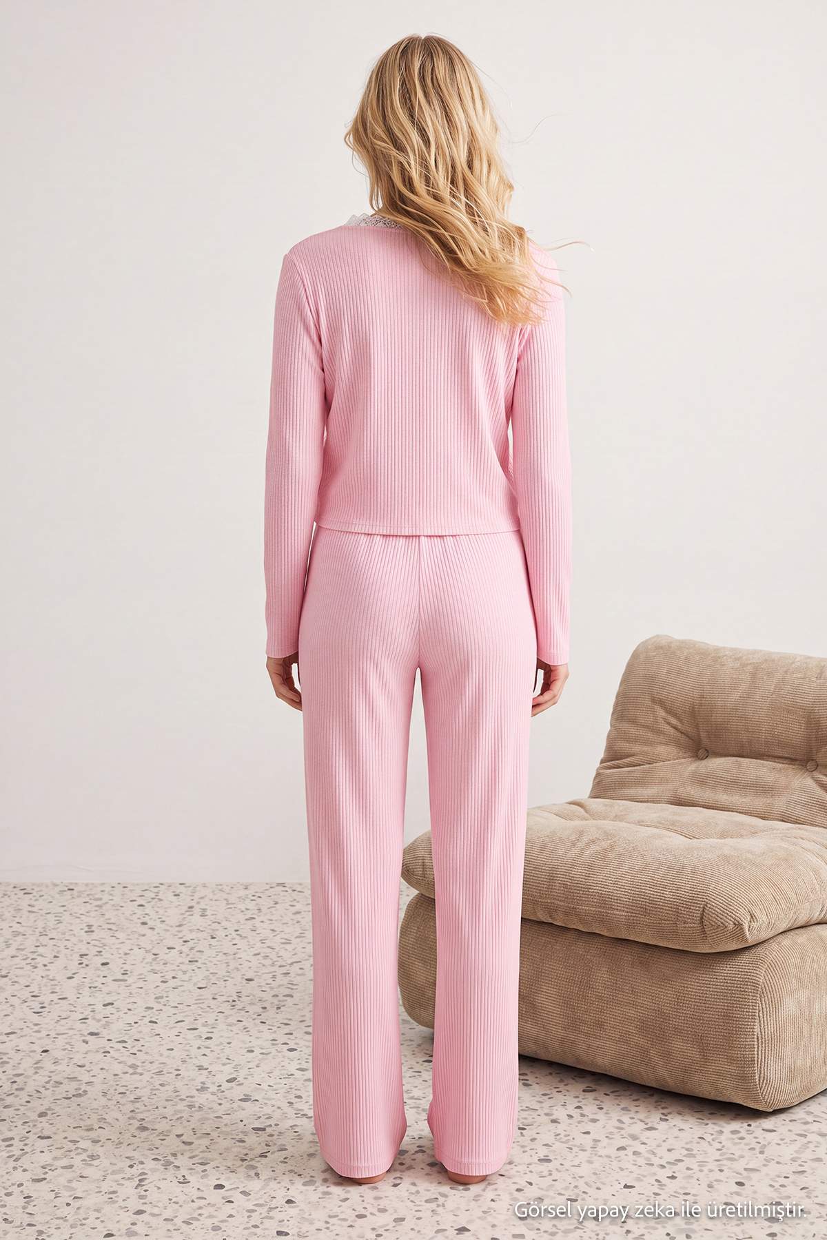 V Neck Long Sleeve Ribbed Pyjama Set