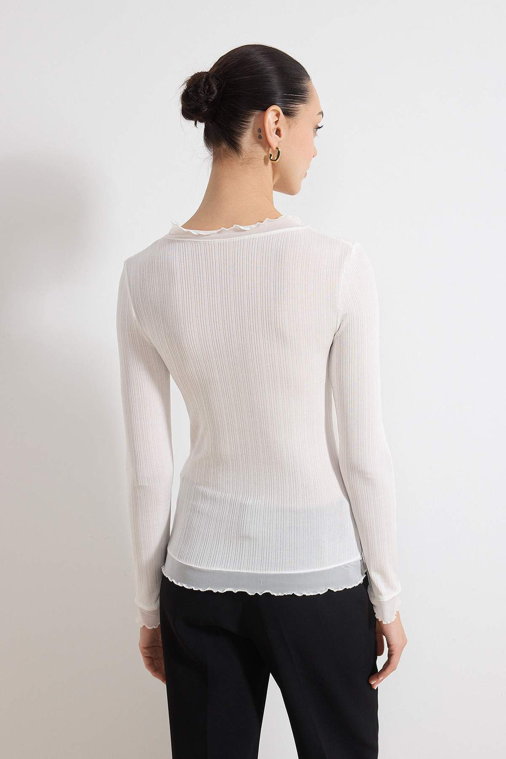Transparent Fitted Long Sleeve Frill Detail Textured Knit Blouse