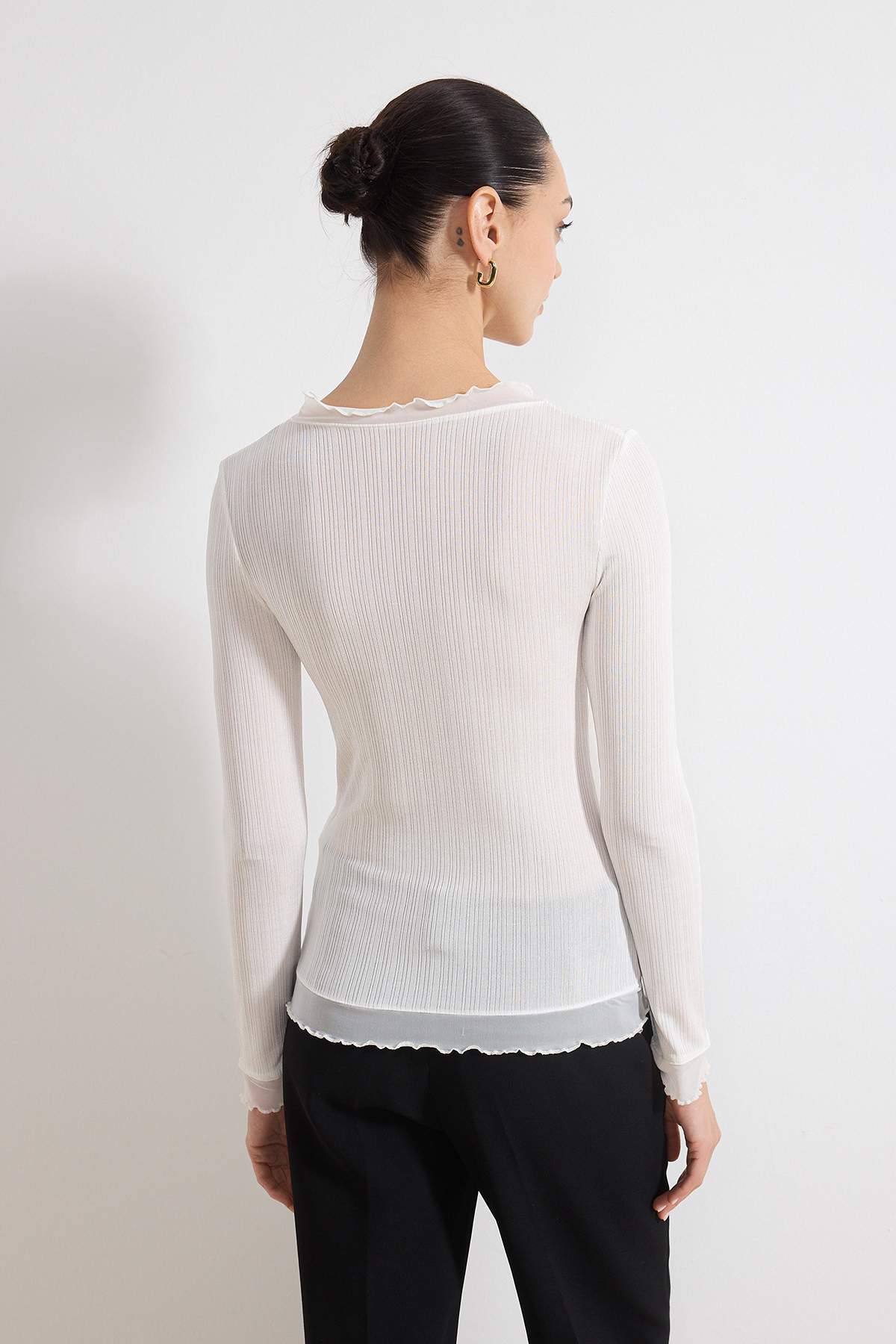 Transparent Fitted Long Sleeve Frill Detail Textured Knit Blouse