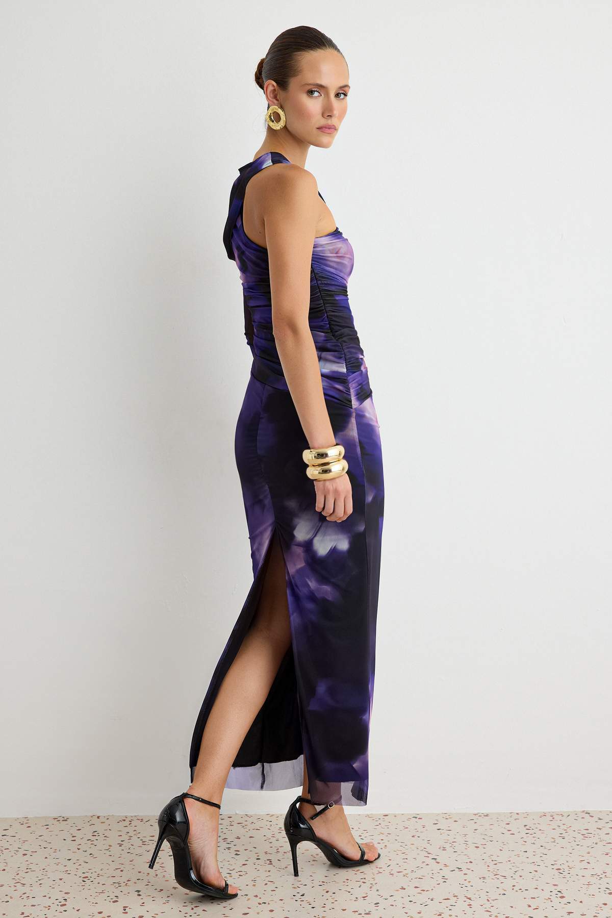 Asymmetric Neck One Sleeve Shift Maxi Dress