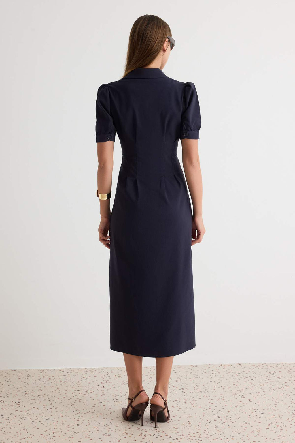 Shirt Collar Long Sleeve Button Front Midi Dress