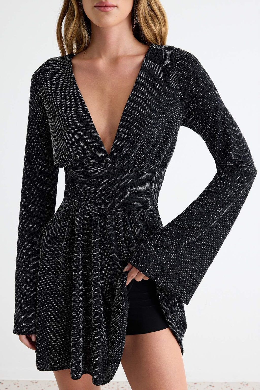 V Neck Long Sleeve Skater Mini Dress