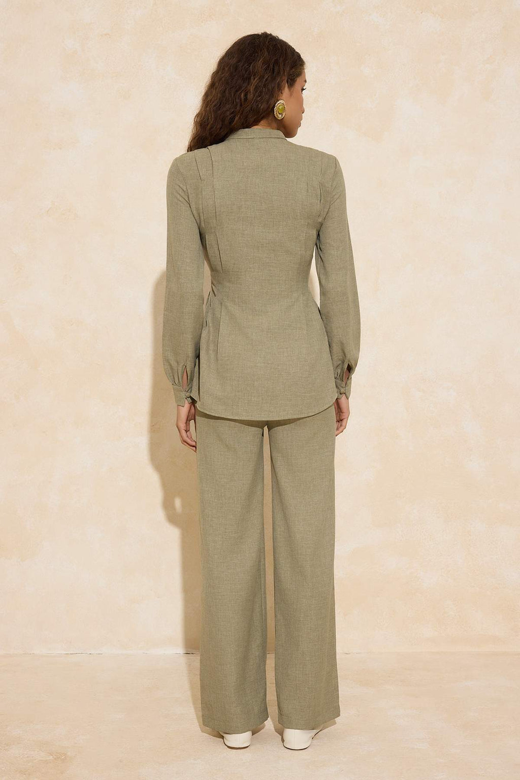 2-Piece Button Detail Long Sleeve Shirt and Wide Leg Trouser Co-ord
