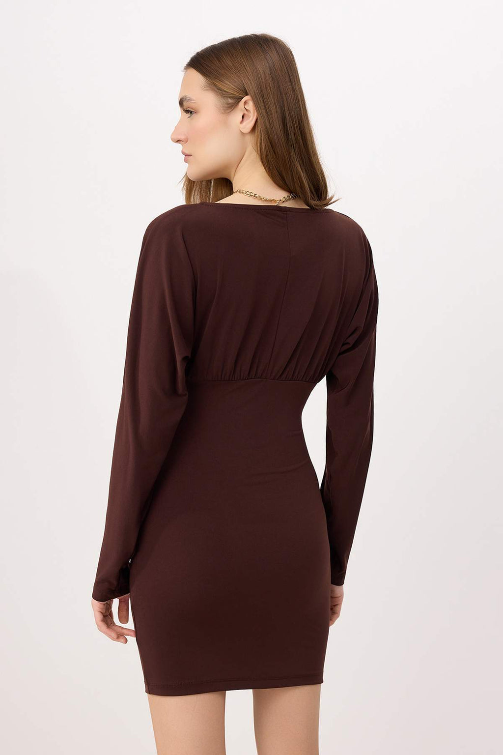 V Neck Long Sleeve Ruched Mini Bodycon Dress