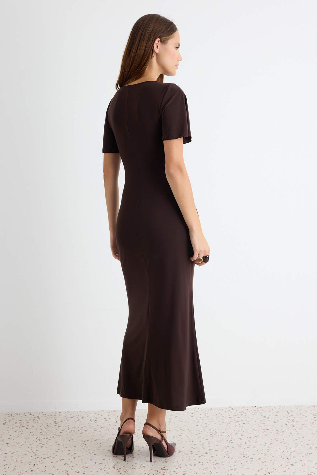 Boat Neck Short Sleeve Ruched Midi Bodycon Dress
