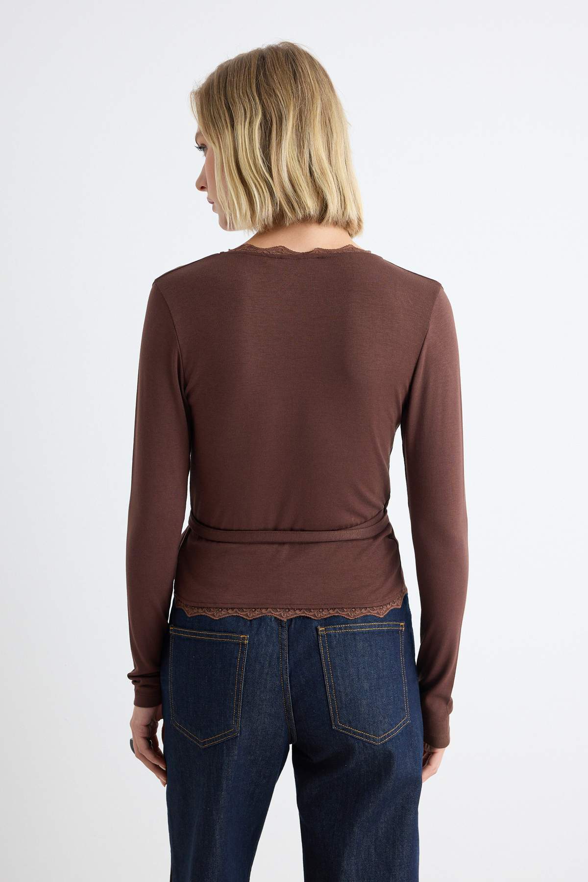 Fitted Wrap Neckline Long Sleeve Lace Detail Crop Blouse