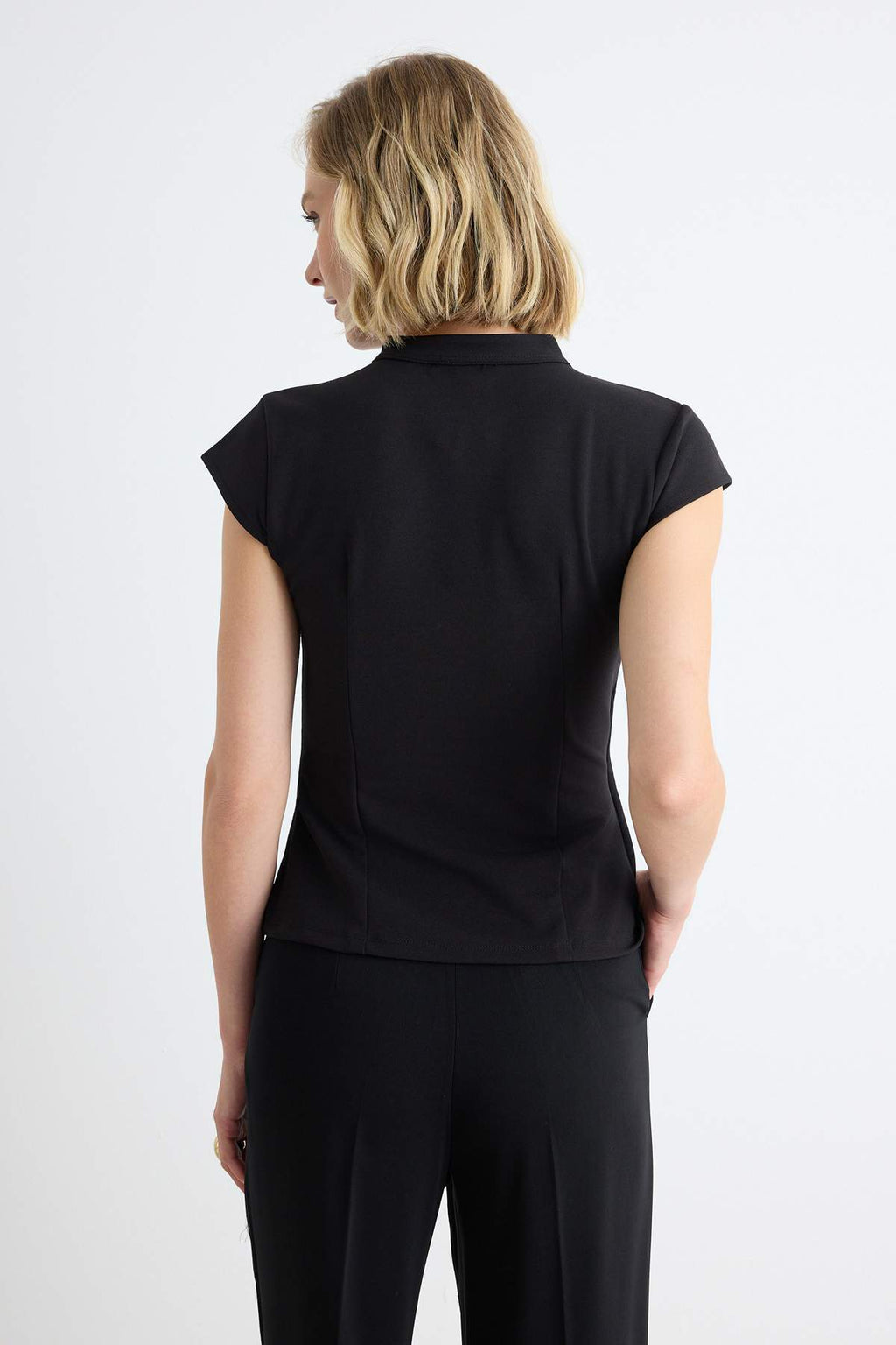 Fitted Mandarin Collar Bracelet Sleeve Button Detail Asymmetric Blouse