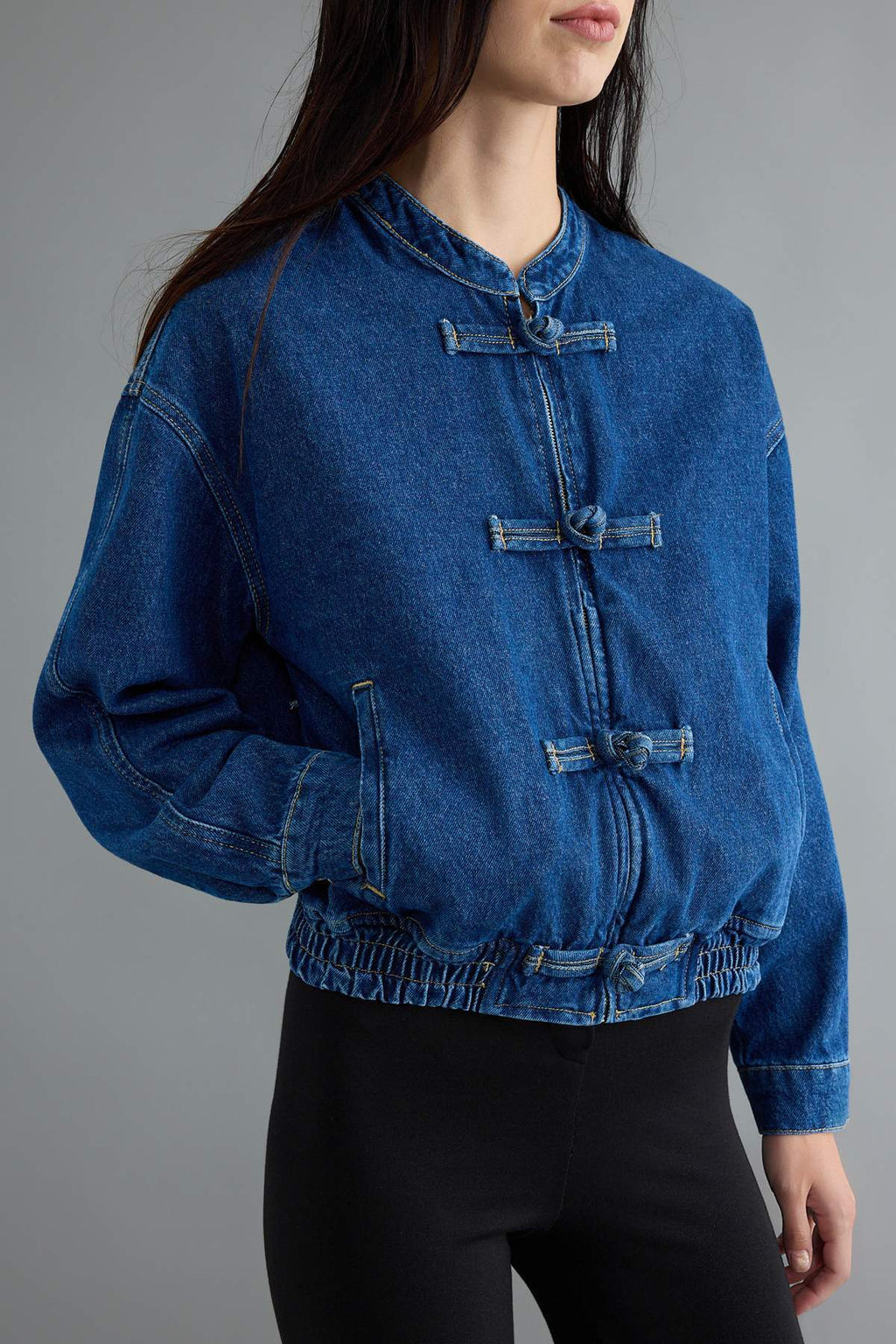 Button Detail Elasticated Waist Denim Jacket