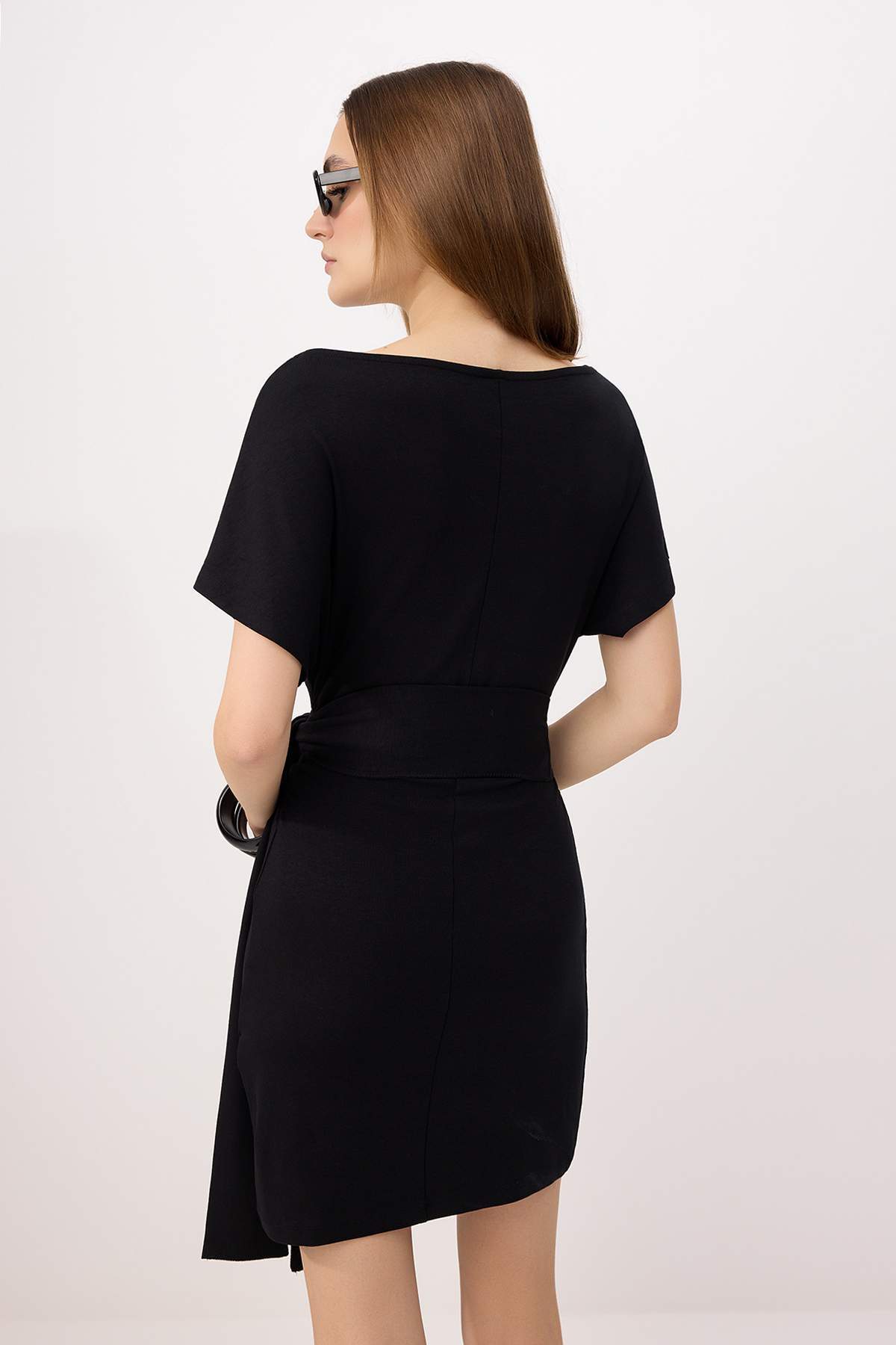 Bodycon Asymmetric Neck Tie Detail Short Sleeve Mini Dress