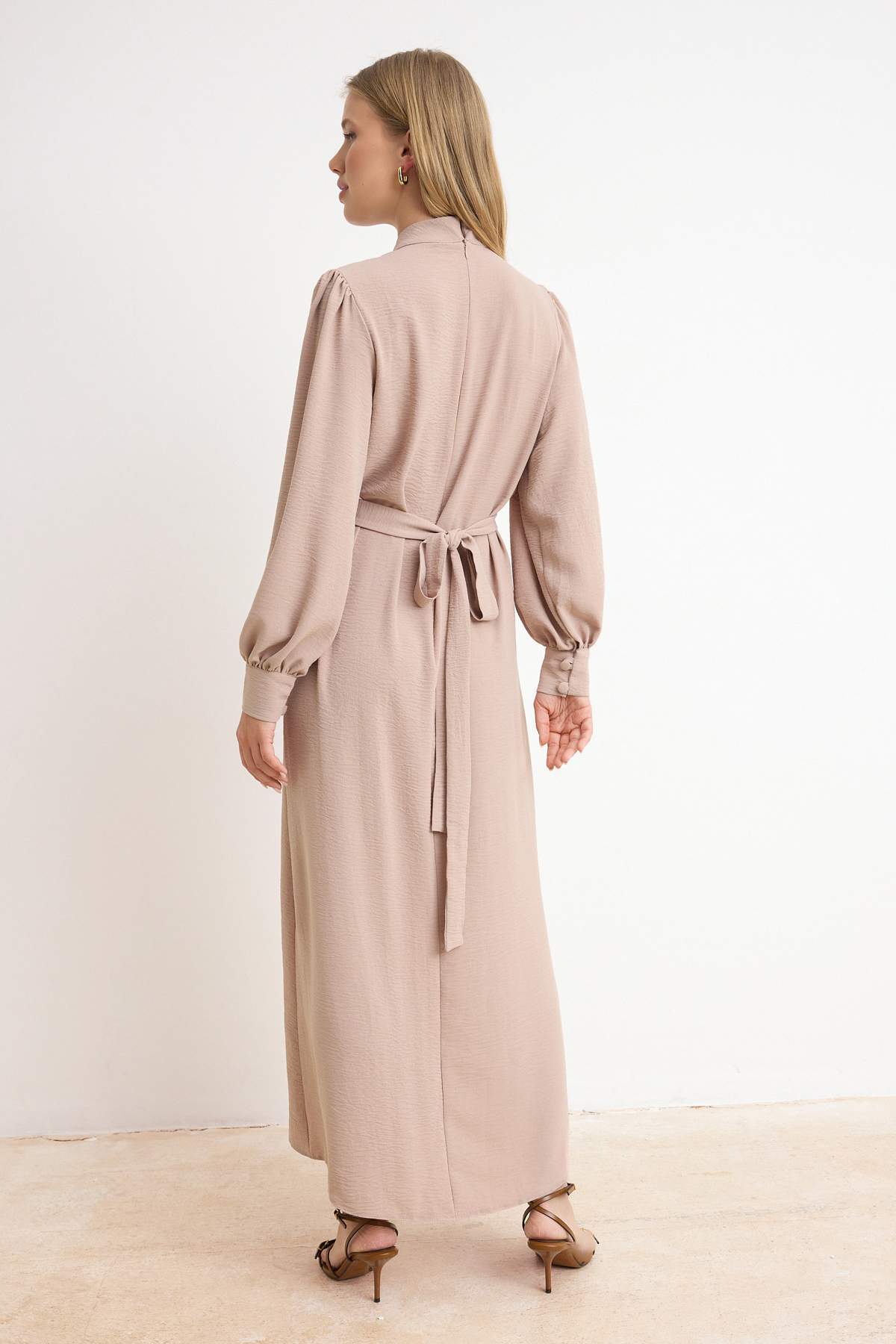 Stand Collar Balloon Sleeve Back Tie Detail Midi Dress