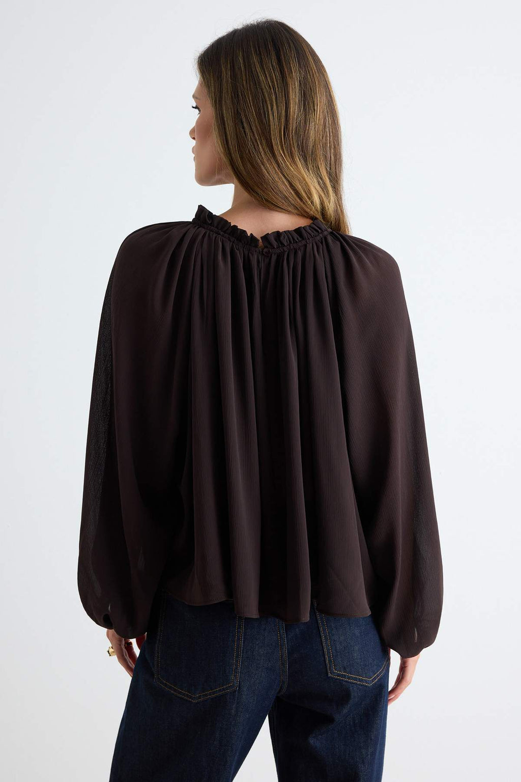 High Neck Raglan Sleeve Gathered Oversized Woven Blouse