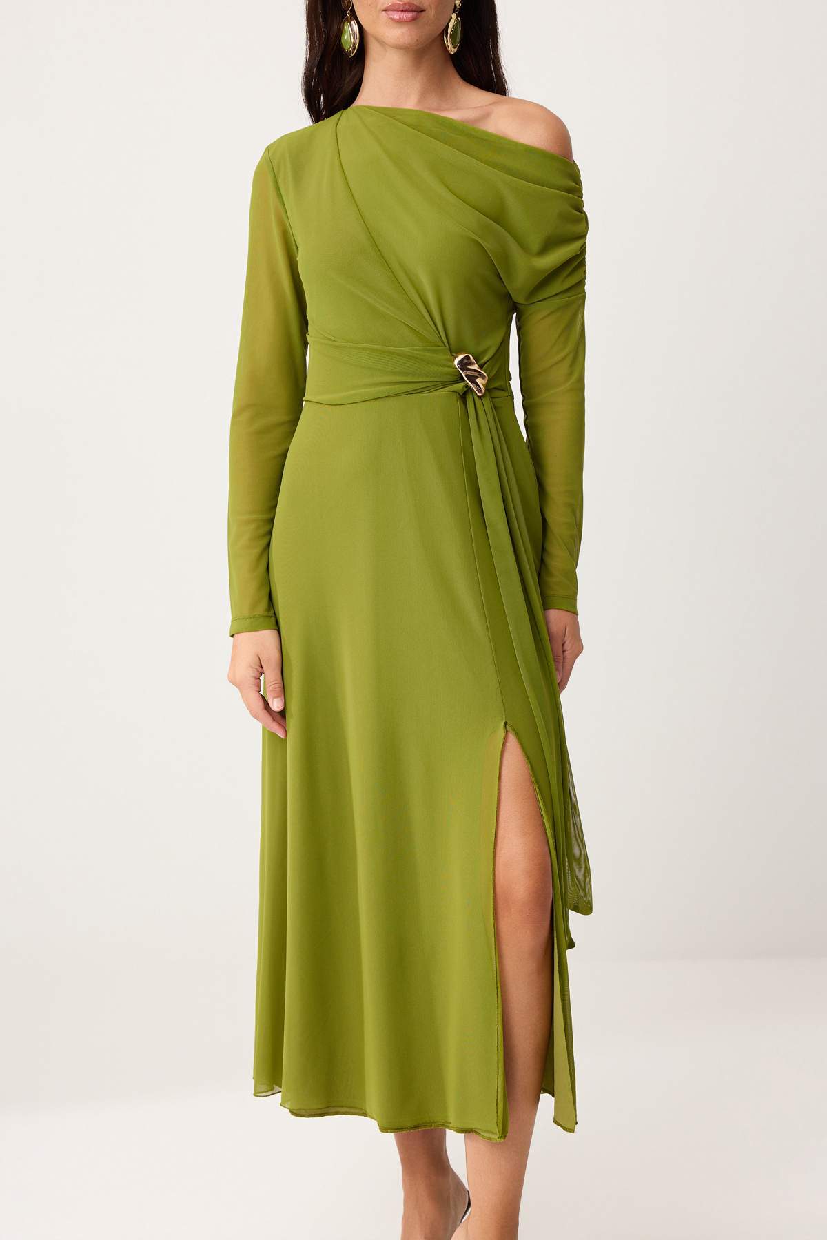 Asymmetric Neck Accessory Detail Tulle Overlay Long Sleeve Maxi Dress