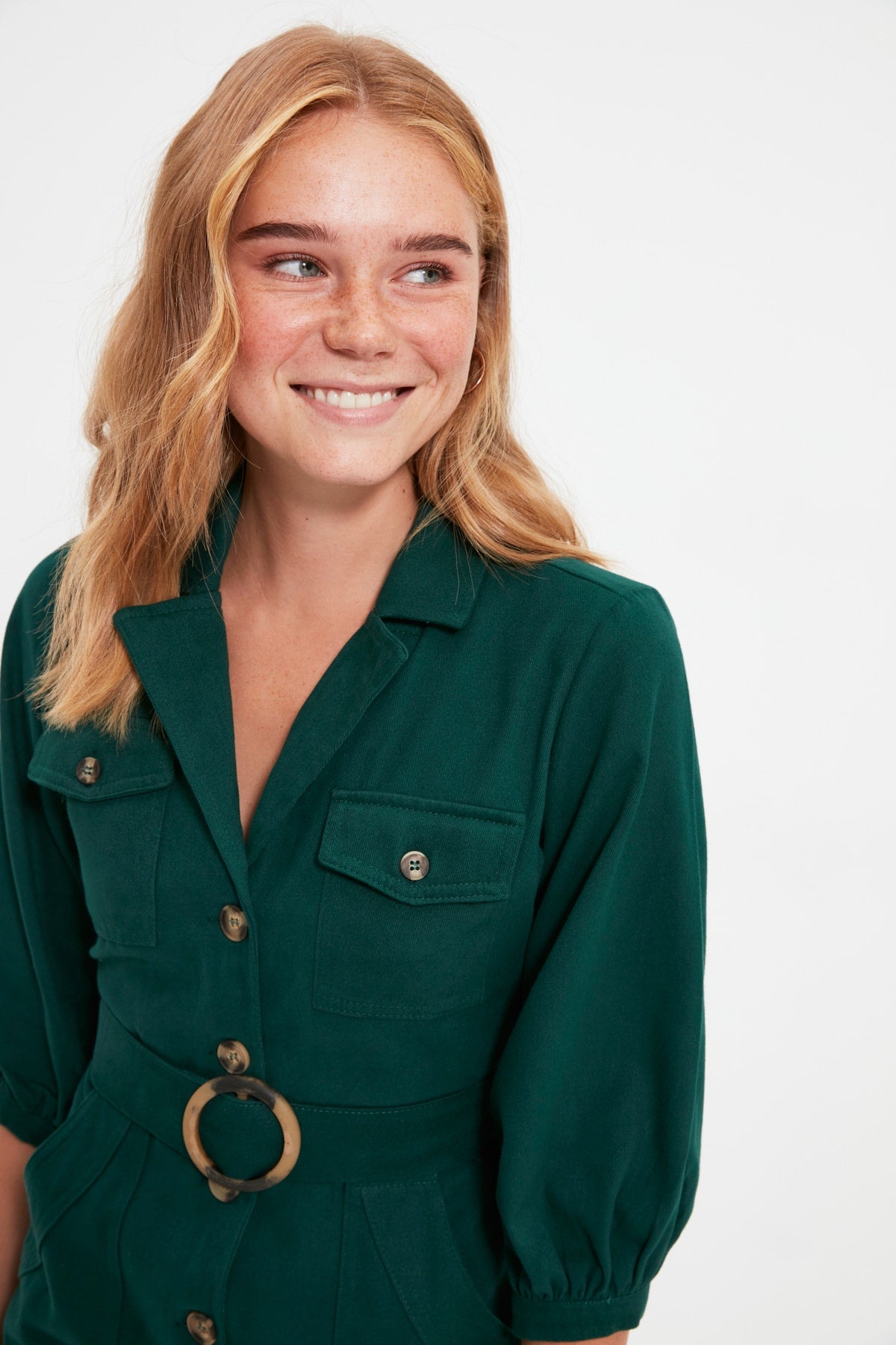 Belted Button Detail Long Sleeve Mini Shirt Dress