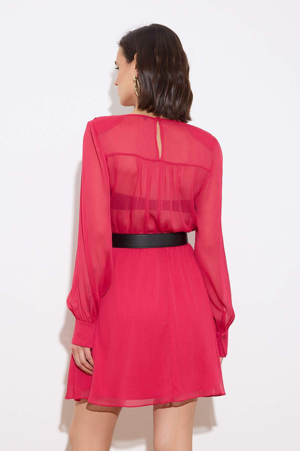 Fular Neck Belted Long Sleeve Skater Mini Dress