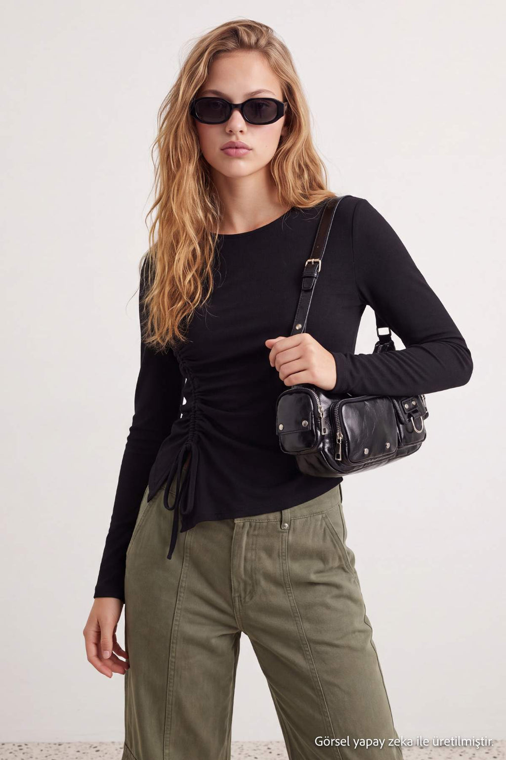 Crew Neck Gathered Crop Fitted Blouse