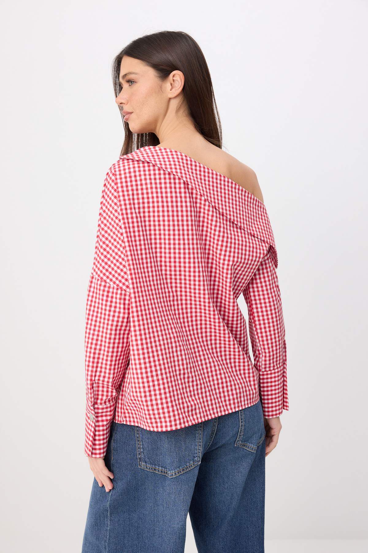 Asymmetric Neck Long Sleeve Woven Blouse