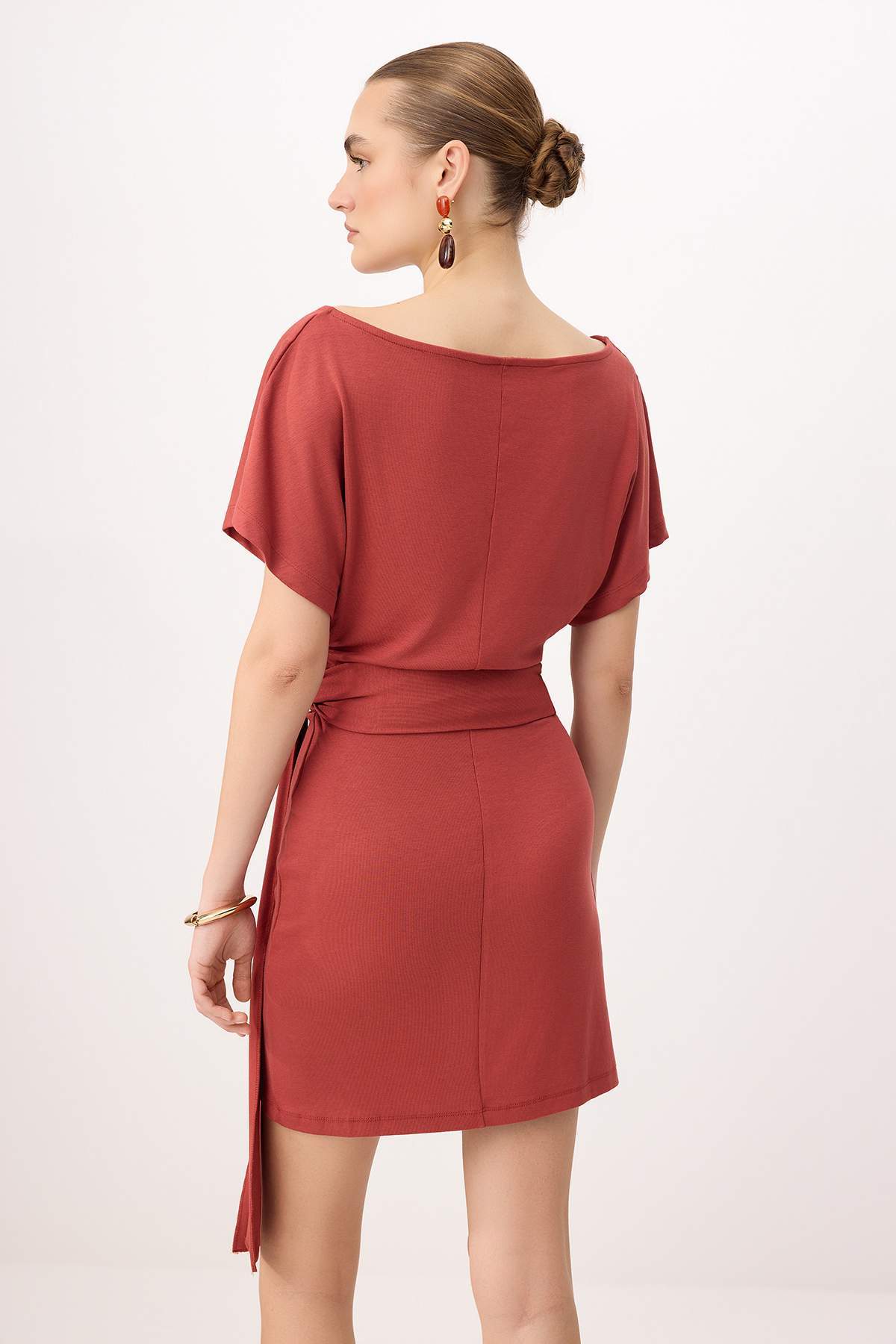 Bodycon Asymmetric Neck Tie Detail Short Sleeve Mini Dress