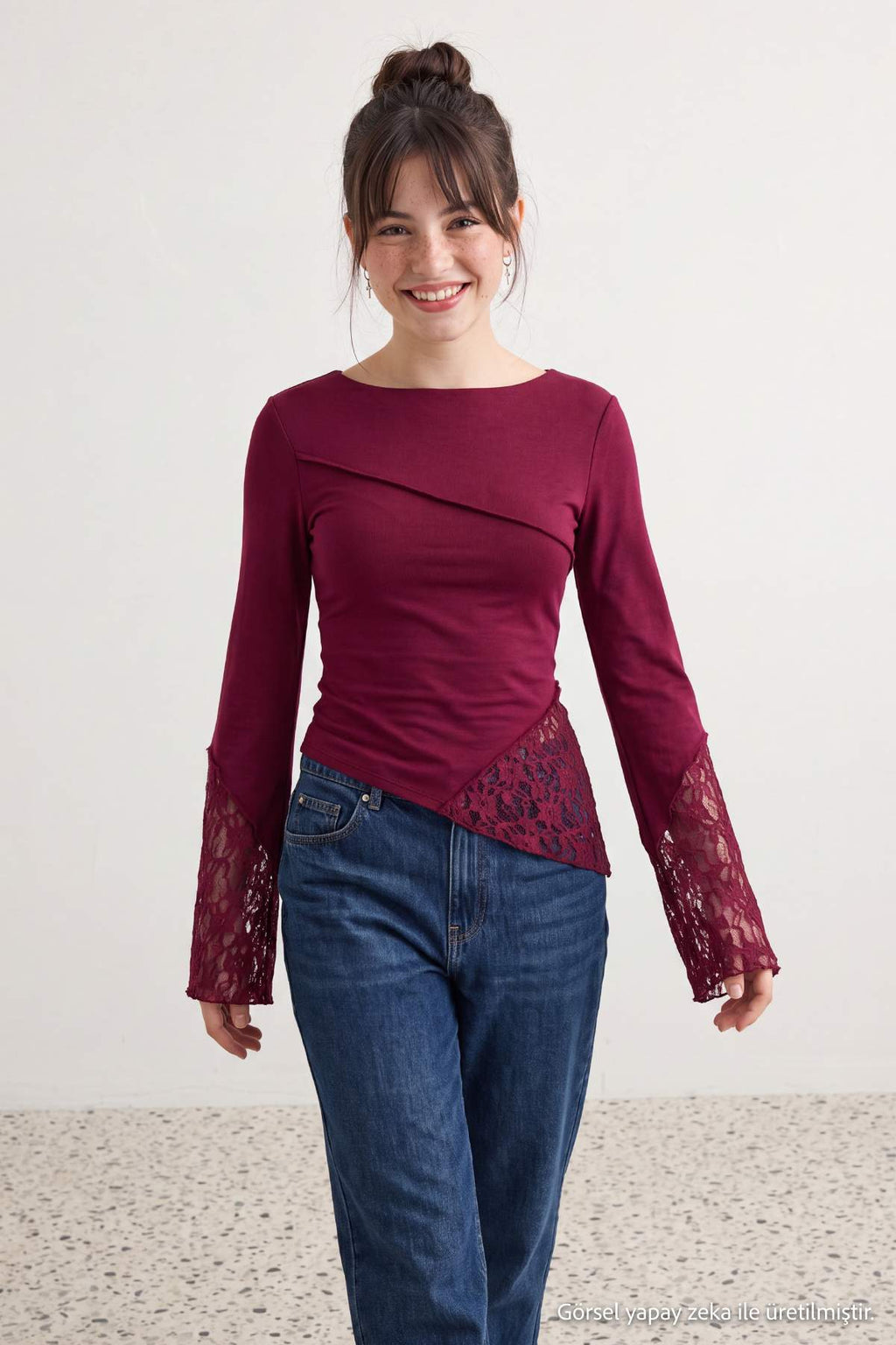 Boat Neck Spanish Sleeve Lace Detail Fitted Blouse
