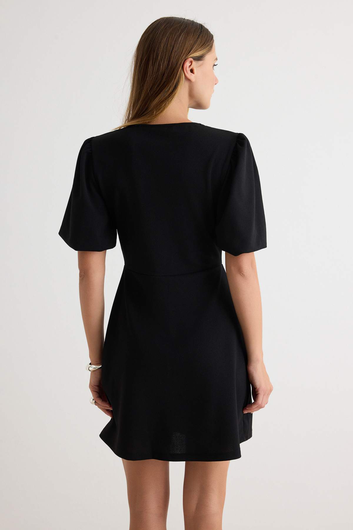 A-Line Balloon Sleeve Button Front Mini Dress