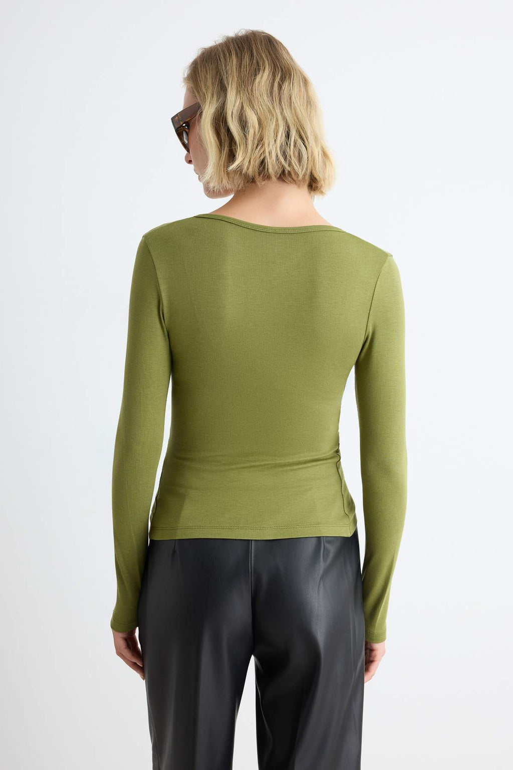 Fitted V Neck Button Front Long Sleeve Blouse