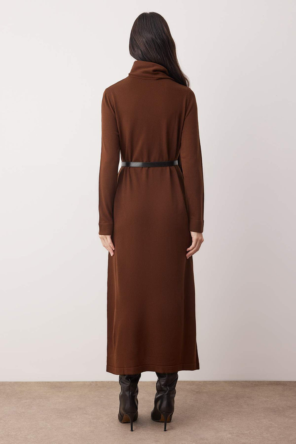 Shawl Collar Leather Belt Detail Long Sleeve Knit Maxi Dress