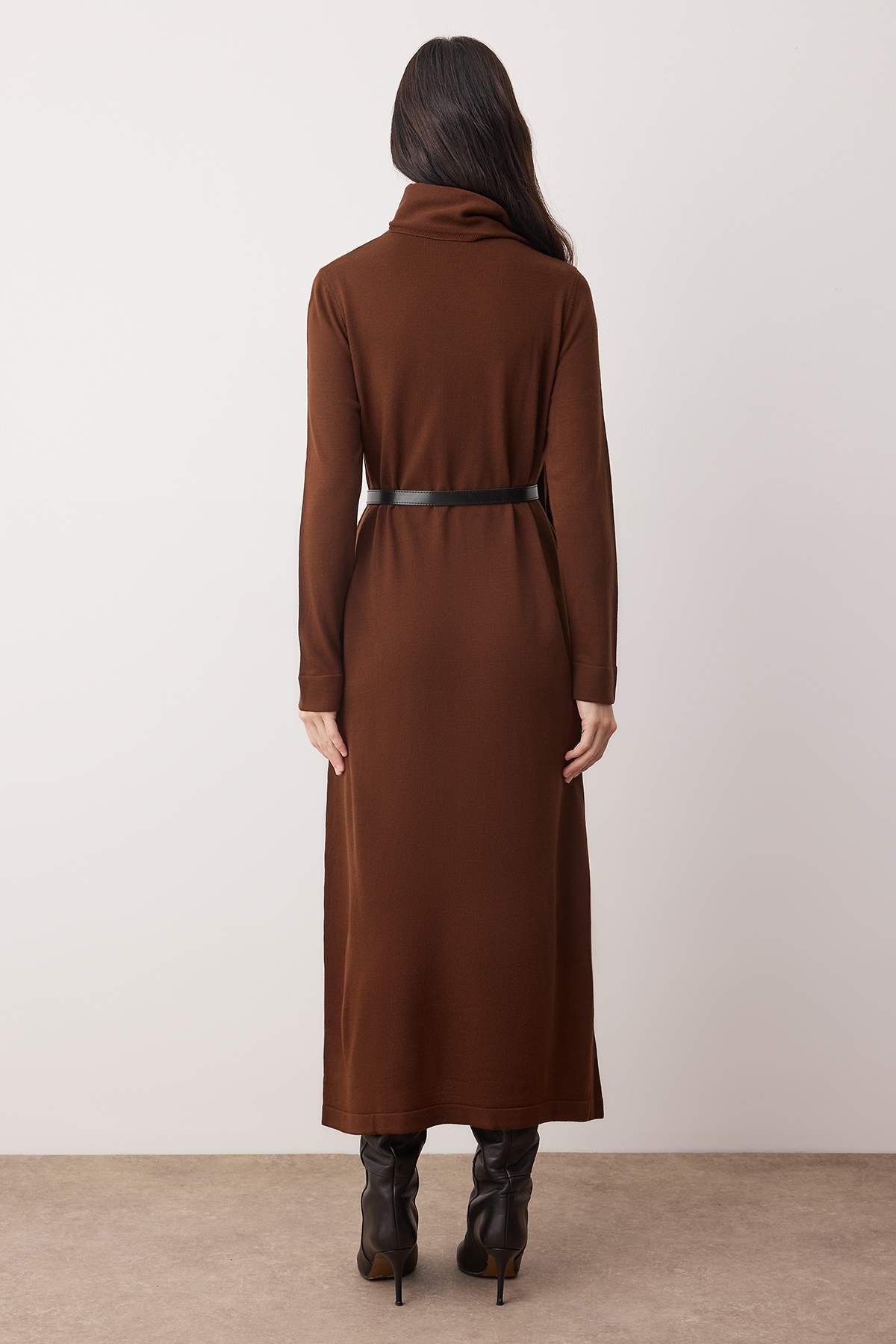 Shawl Collar Leather Belt Detail Long Sleeve Knit Maxi Dress