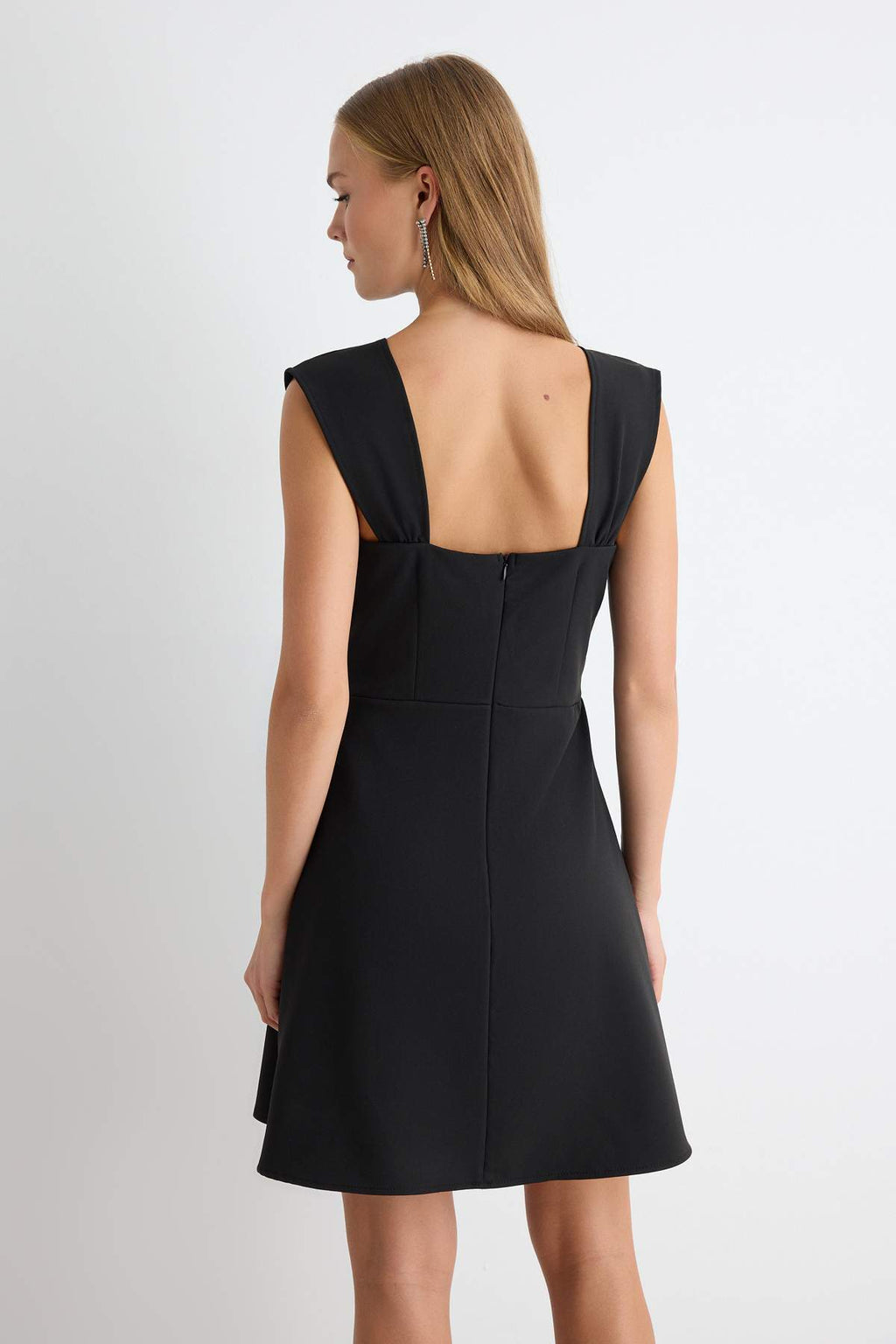 Square Neck Stone Embellished Short Sleeve A-Line Mini Dress