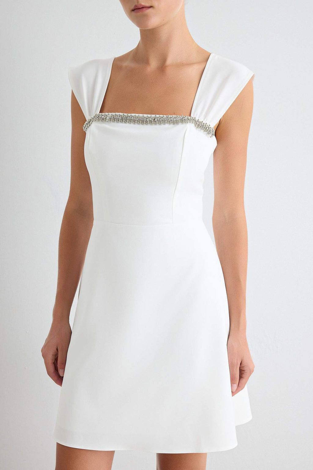 Square Neck Stone Embellished Short Sleeve A-Line Mini Dress