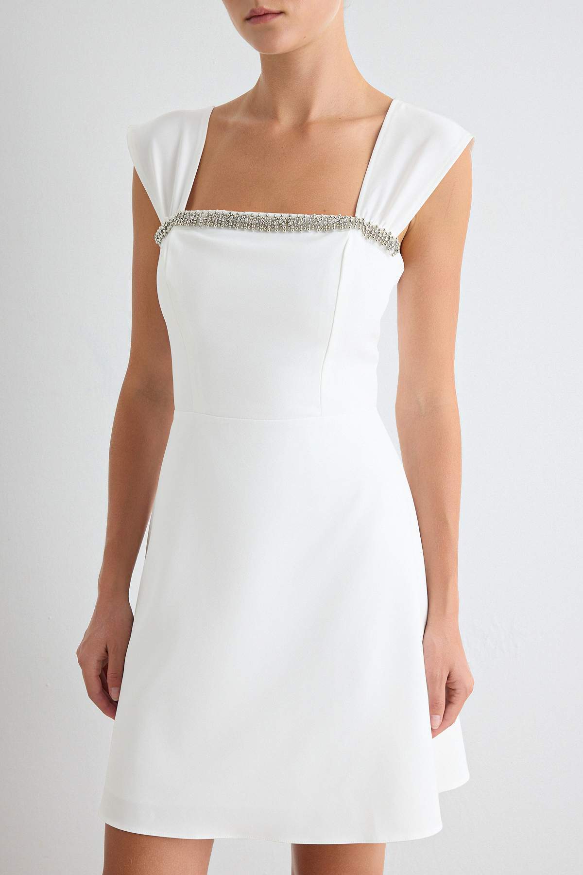 Square Neck Stone Embellished Short Sleeve A-Line Mini Dress