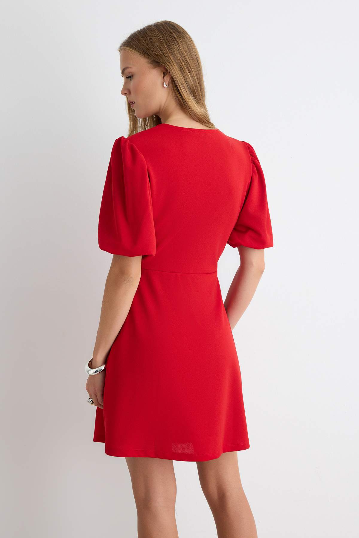 A-Line Balloon Sleeve Button Front Mini Dress