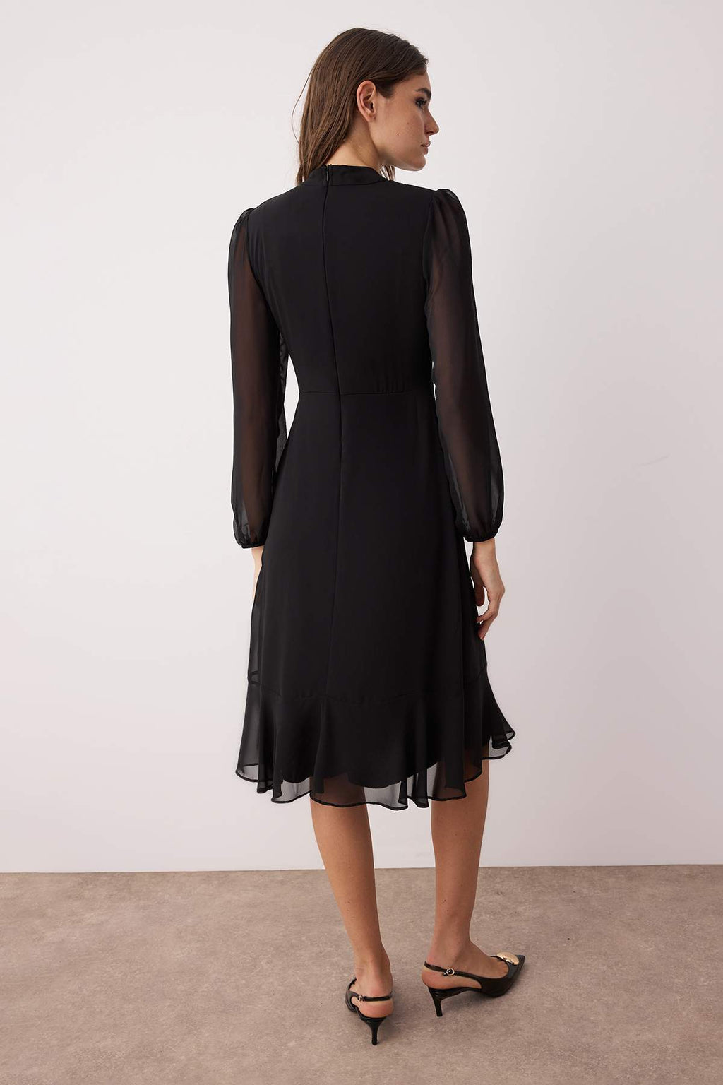 High Neck Long Sleeve A-Line Midi Dress