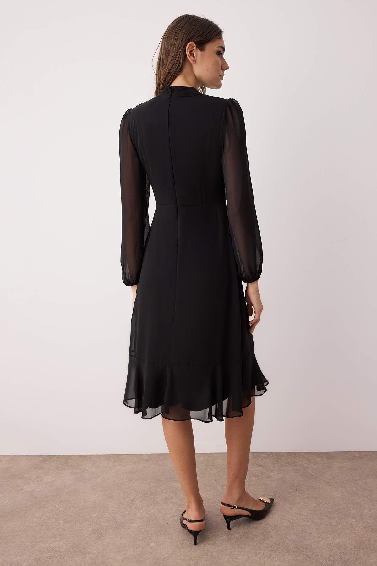 High Neck Long Sleeve A-Line Midi Dress
