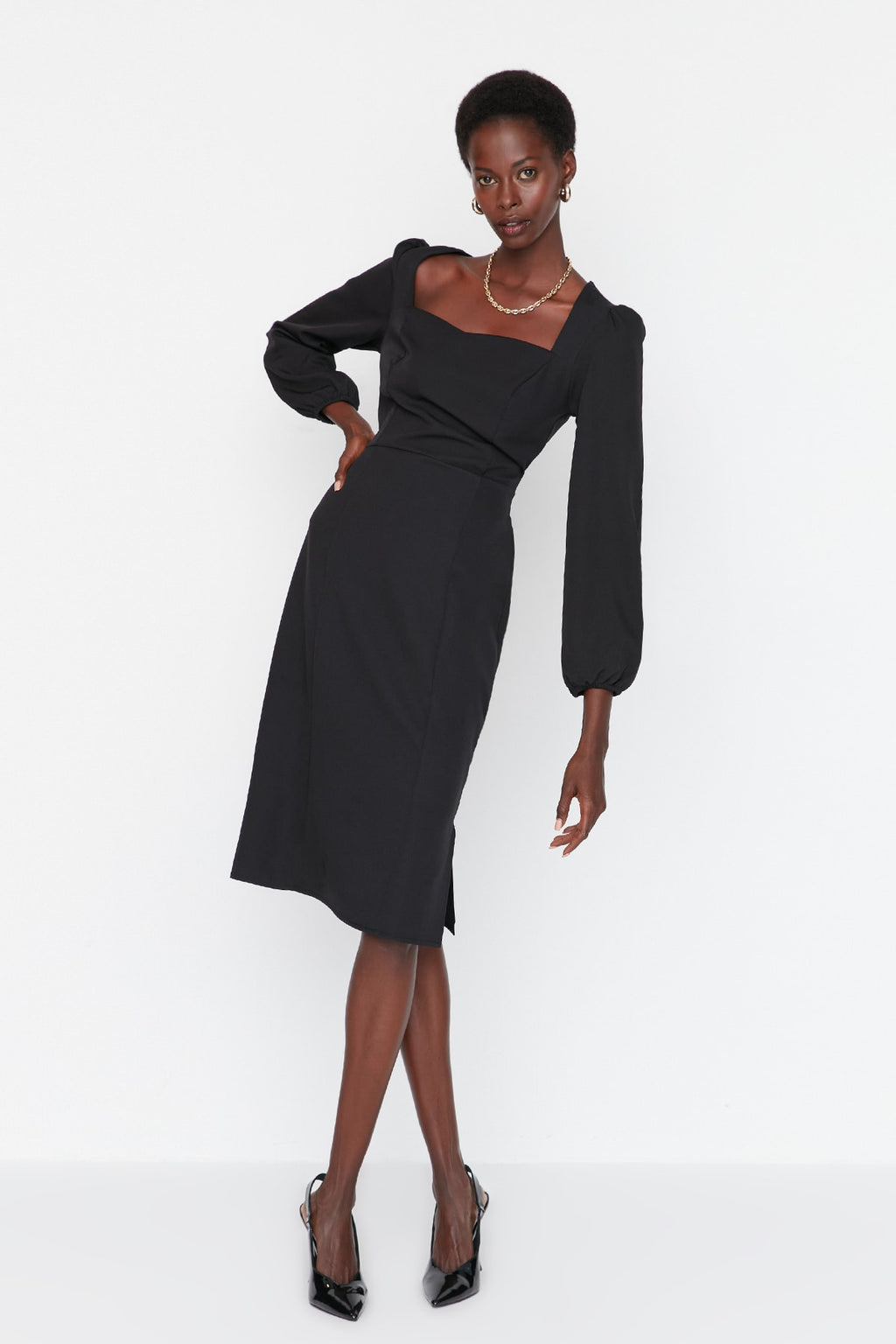 Sweetheart Neck Long Sleeve Bodycon Midi Dress