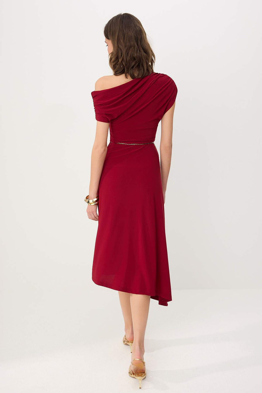 Off Shoulder Ruched Sleeve Chain Belt Midi Party Dress