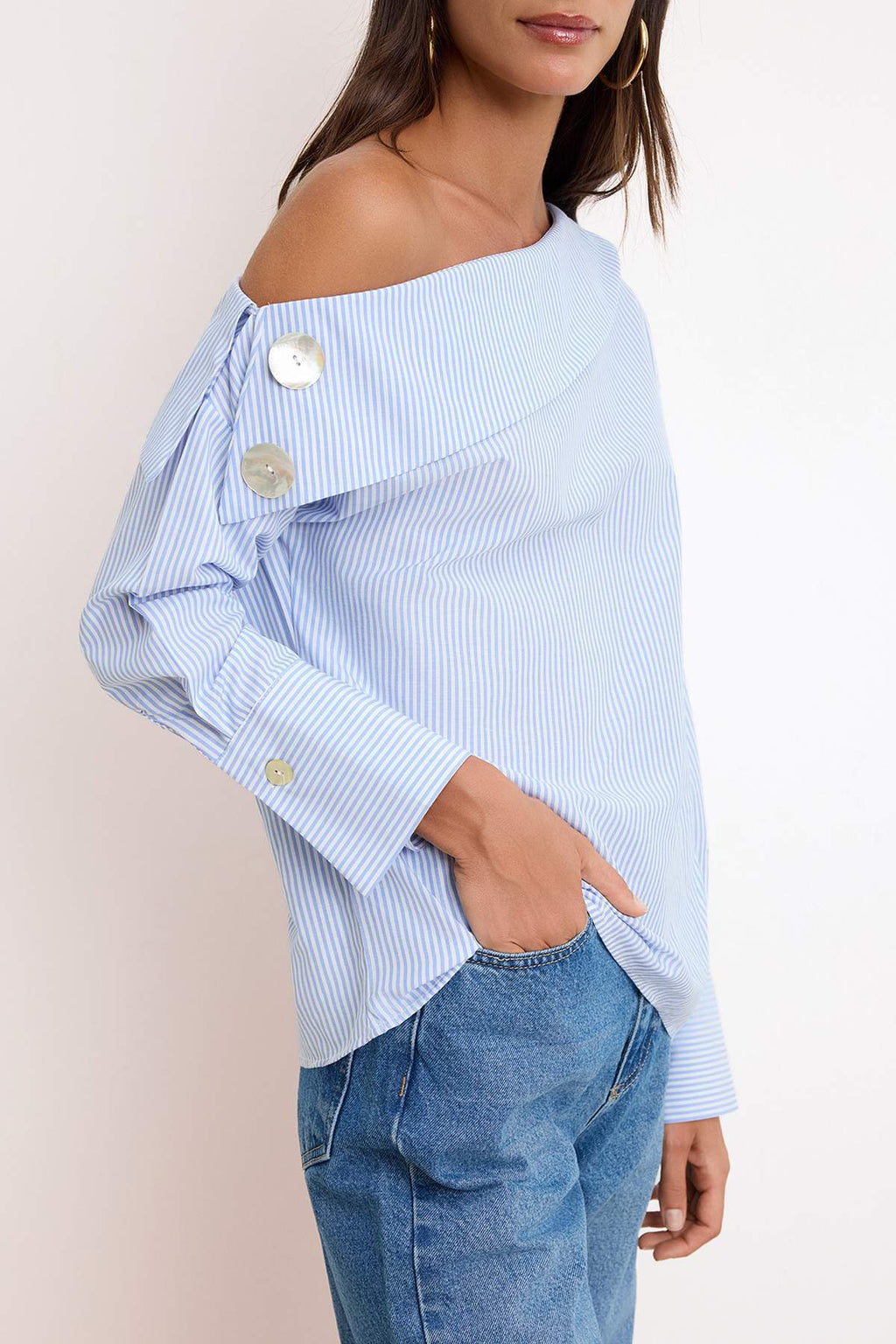 Asymmetric Neck Long Sleeve Woven Blouse