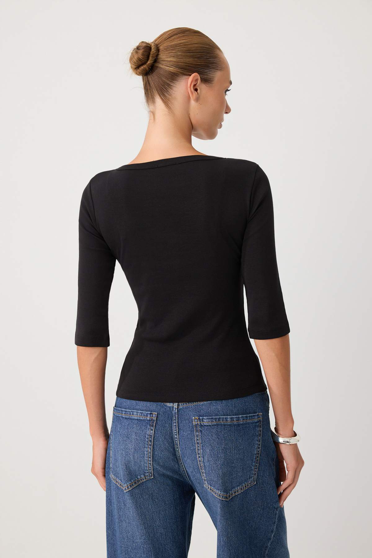 Fitted V Neck Button Front Ribbed Long Sleeve Blouse