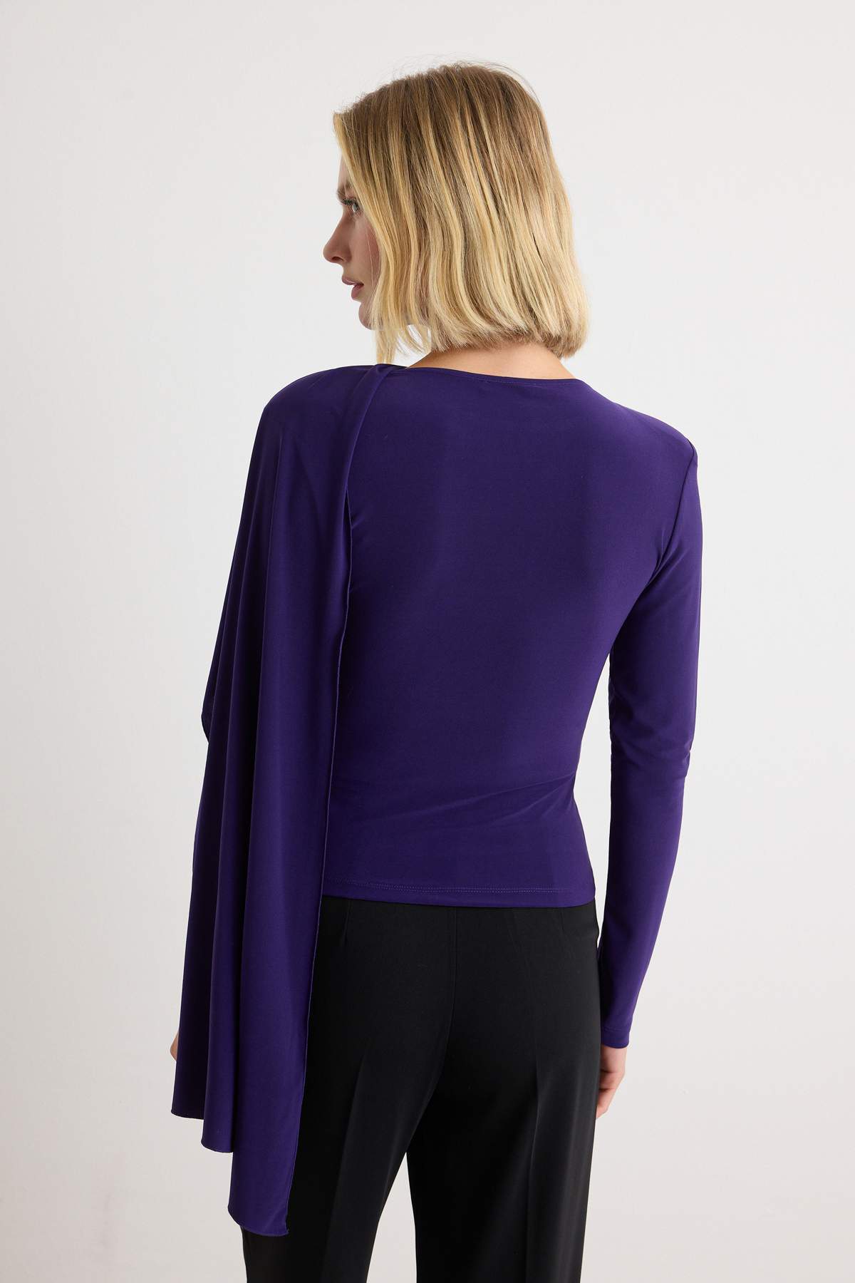 Fitted Boat Neck Cape Detail Long Sleeve Blouse