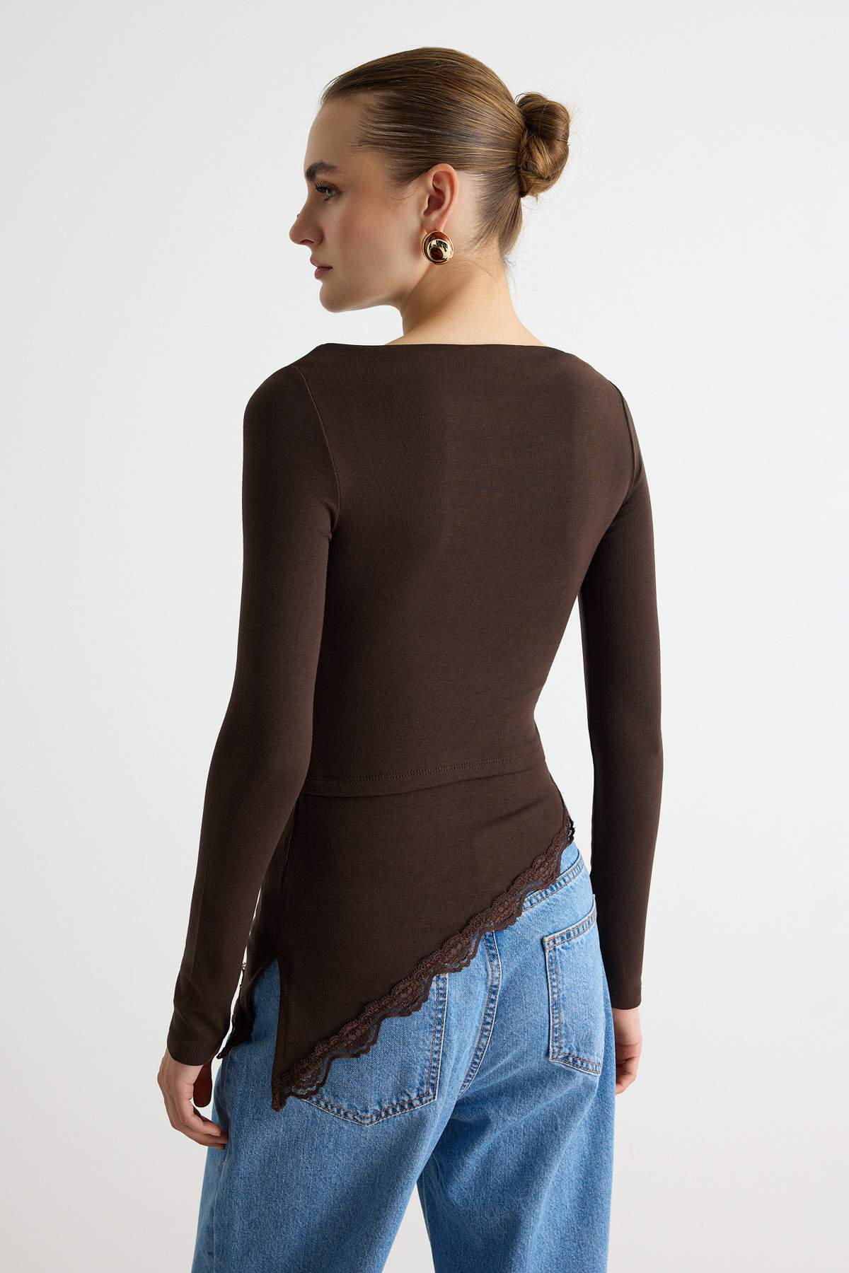 Fitted Boat Neck Long Sleeve Lace Detail Ribbed Blouse