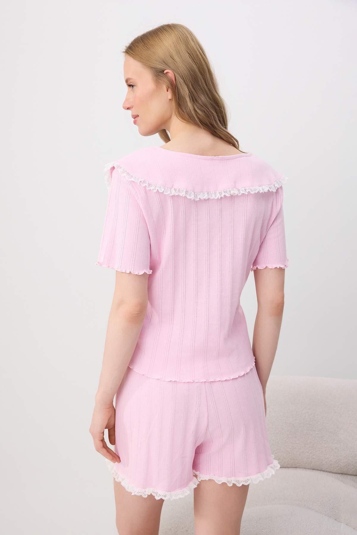 Collar Detail Ribbed Pointelle Short Pyjama Set