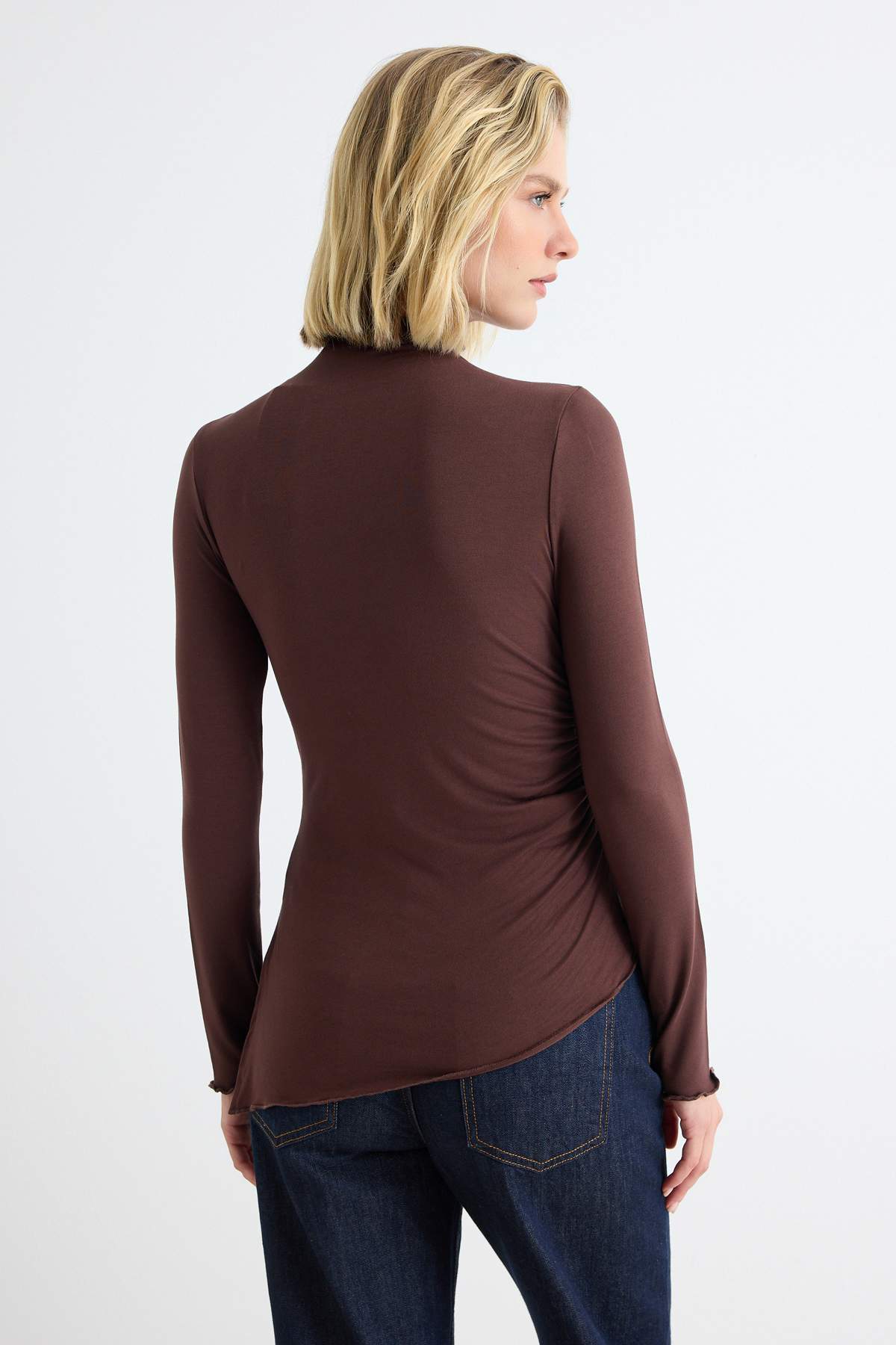 High Neck Asymmetric Long Sleeve Fitted Blouse