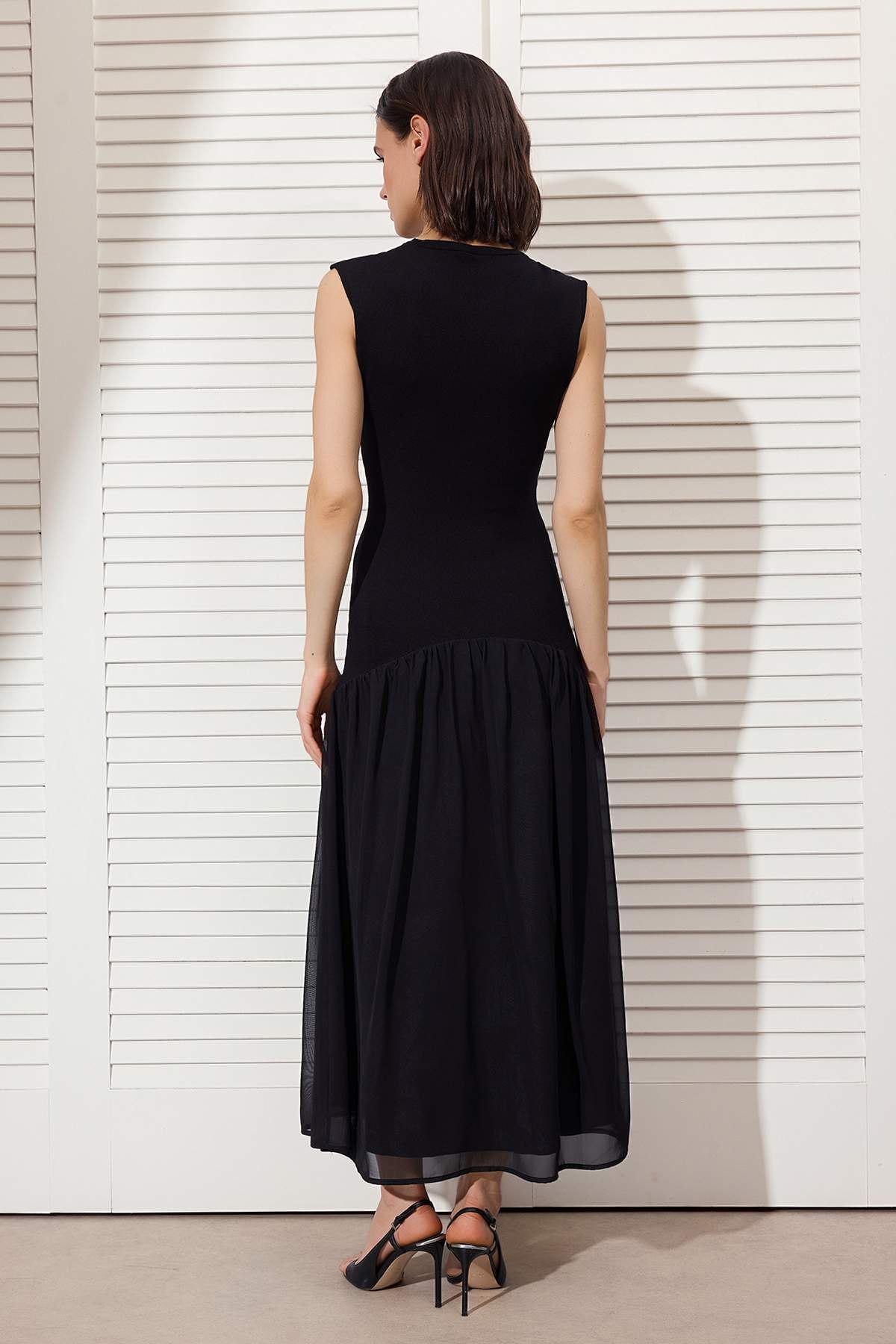Premium Knit Midi Dress with Woven Skirt Detail