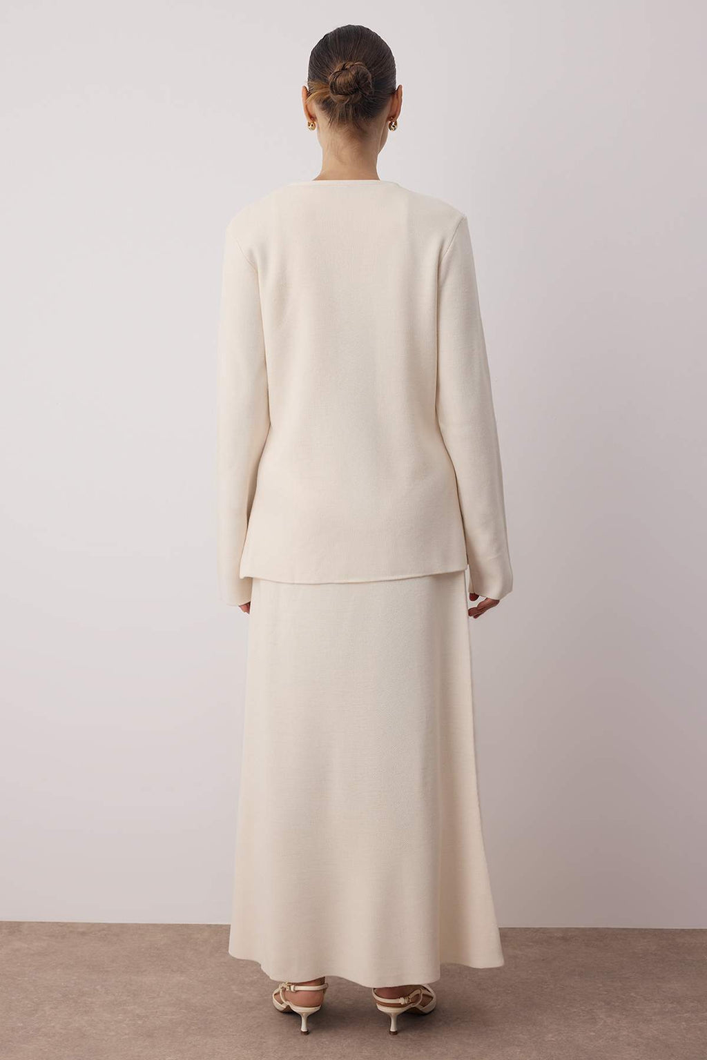 2-Piece Gold Button Detail V Neck Knitted Cardigan and Skirt Co-ord