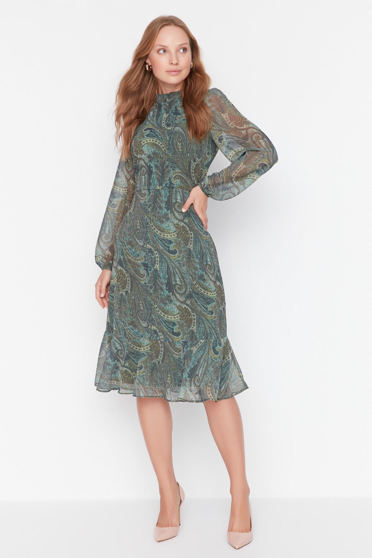 High Neck Long Sleeve Tiered Midi Dress